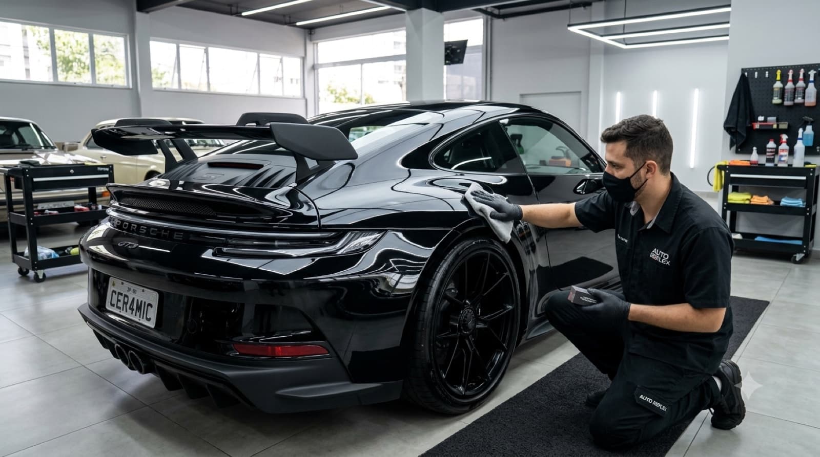 Profissional aplicando vitrificação na pintura de um carro esportivo preto